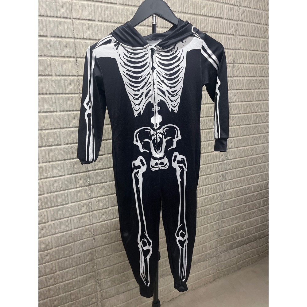 Kids Skeleton‎ Costume Jumpsuit Hooded Halloween Cosplay Black White Full Zip